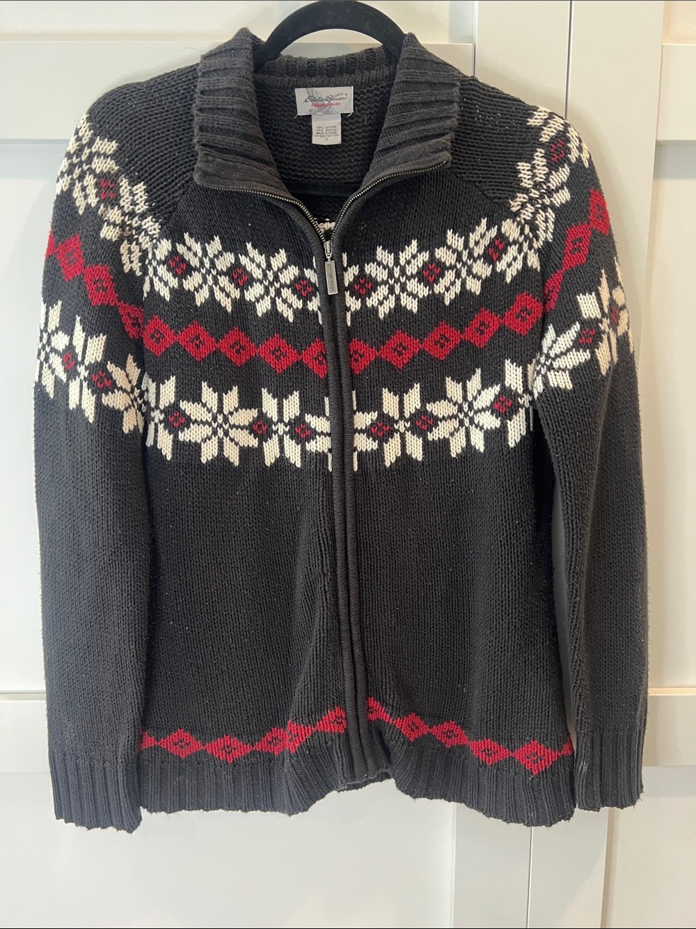 Eddie Bauer Charcoal Zip-Up Fair Isle Sweater with Red & White Accents